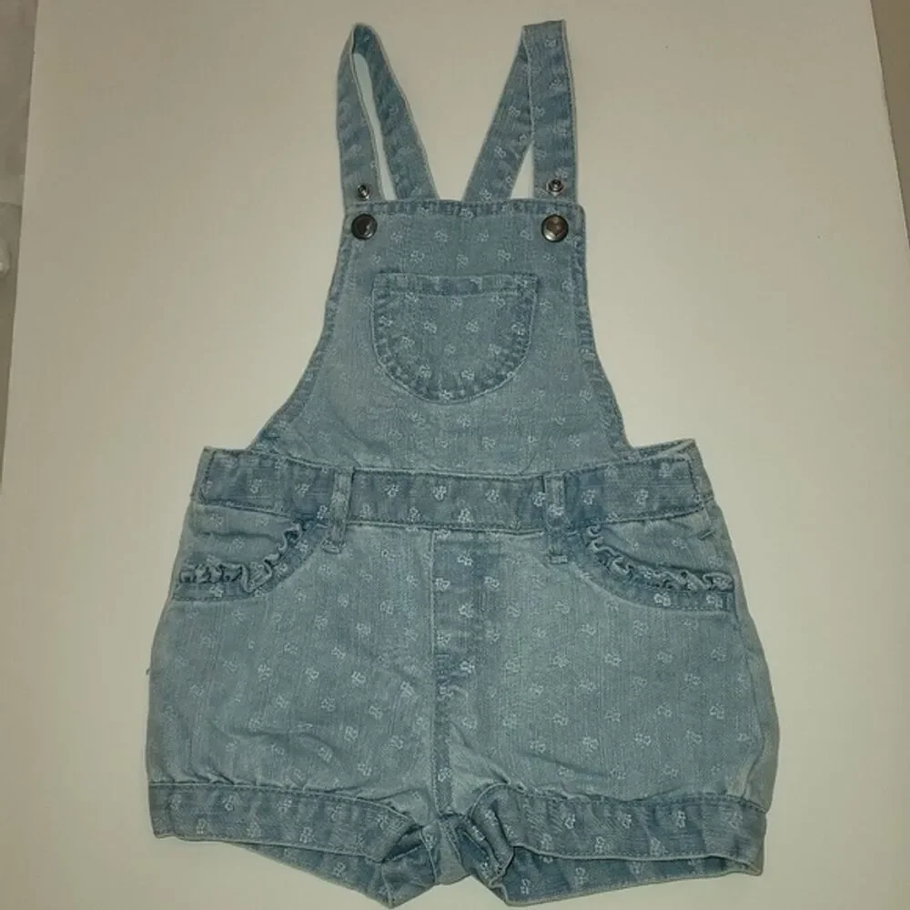The Children's Place Little Girl Sz 2T Short Overalls Light Wash Floral Ruffles